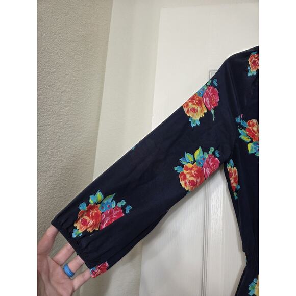 Shoshanna Teagan Vibrant Smocked 100% Silk 3/4 Sleeve Navy Mini Dress, Size 4 - Picture 6 of 15